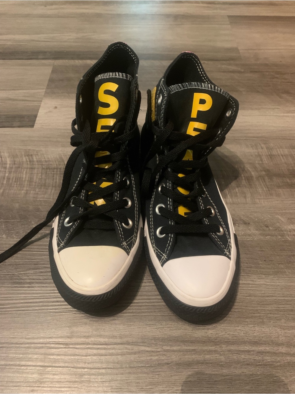 Converse Kids Black High-Top Sneakers with Yellow Tongue Lettering